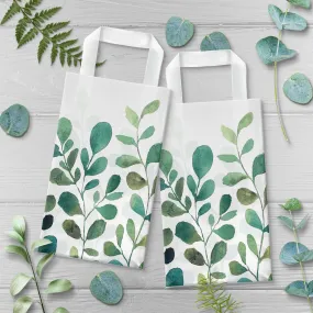 Spring Greenery Watercolor Green Leaf Plastic Gift Bags and Party Favor Bags, 5"x3"x8" (25 Pack)