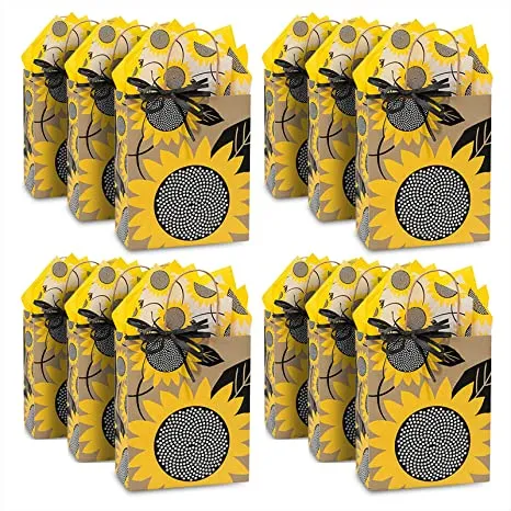 Sunflower Paper Gift Bags and Party Favor Bags, 8x4.75x10.25" (12 Pack)