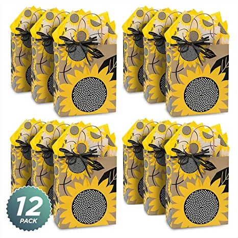 Sunflower Paper Gift Bags and Party Favor Bags, 8x4.75x10.25" (12 Pack)