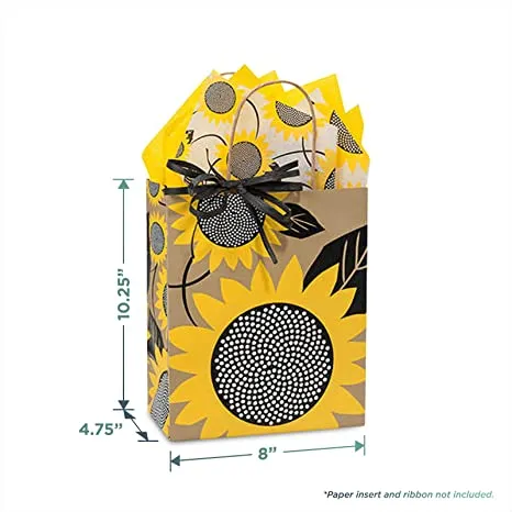 Sunflower Paper Gift Bags and Party Favor Bags, 8x4.75x10.25" (12 Pack)