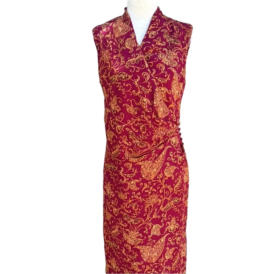 Valerie Dresses Women's Pure Silk Red & Gold Floral Sleeveless Side Wrap Dress 6