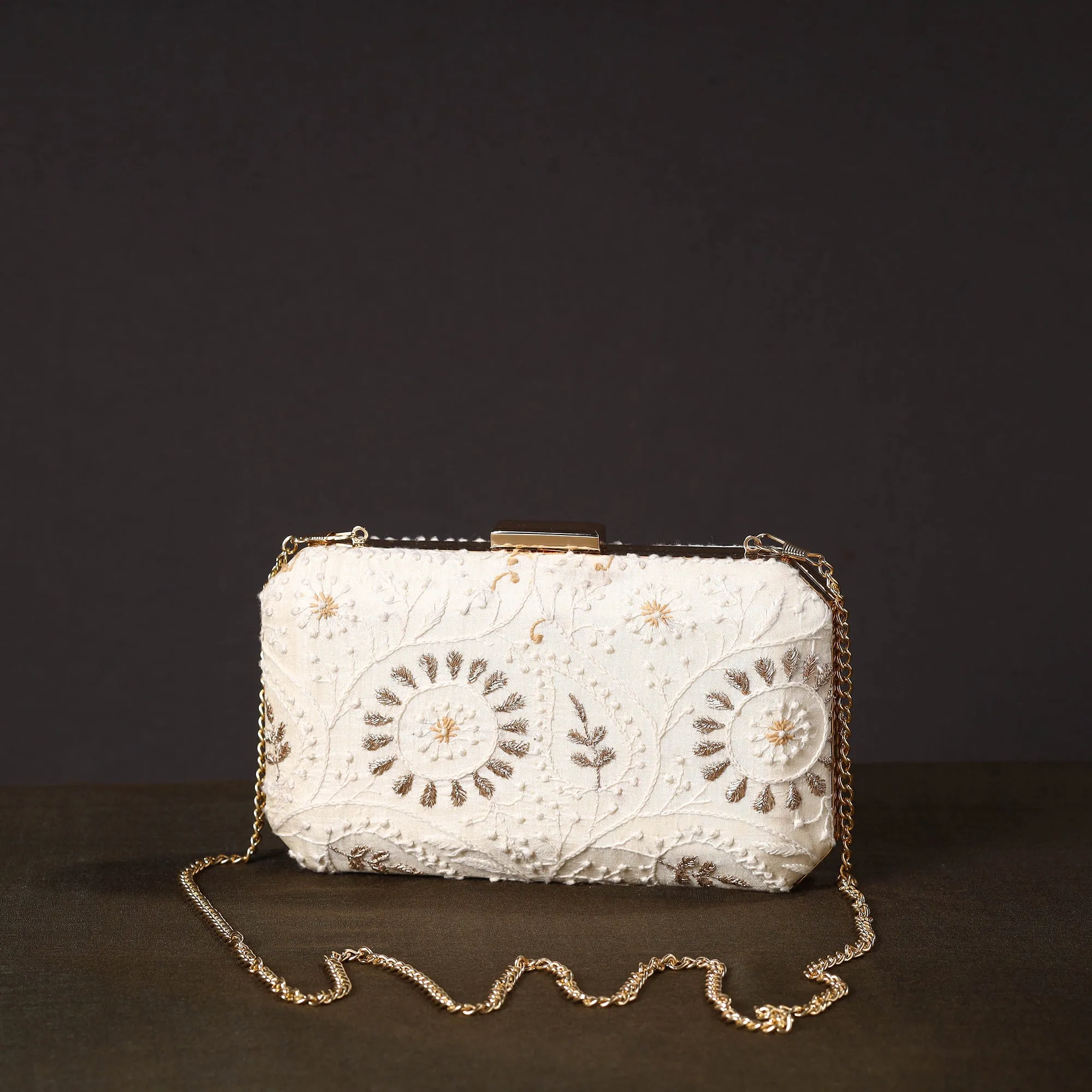 White - Chikankari Hand Embroidery Tussar Silk Clutch / Sling Bag 04