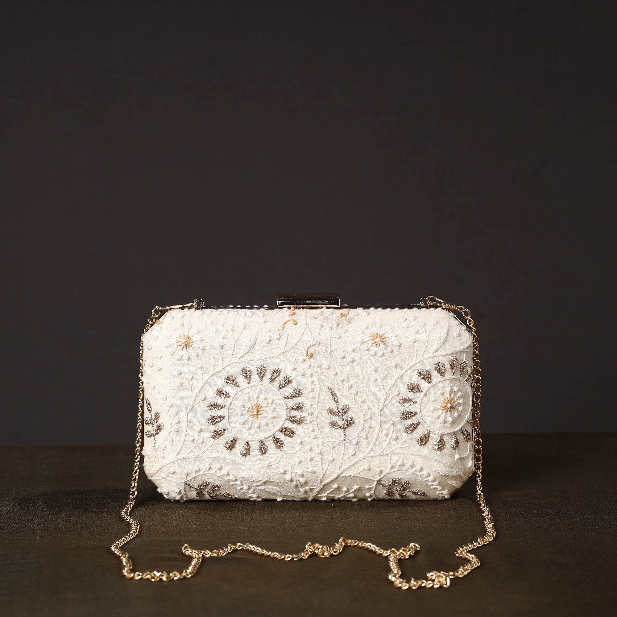 White - Chikankari Hand Embroidery Tussar Silk Clutch / Sling Bag 04