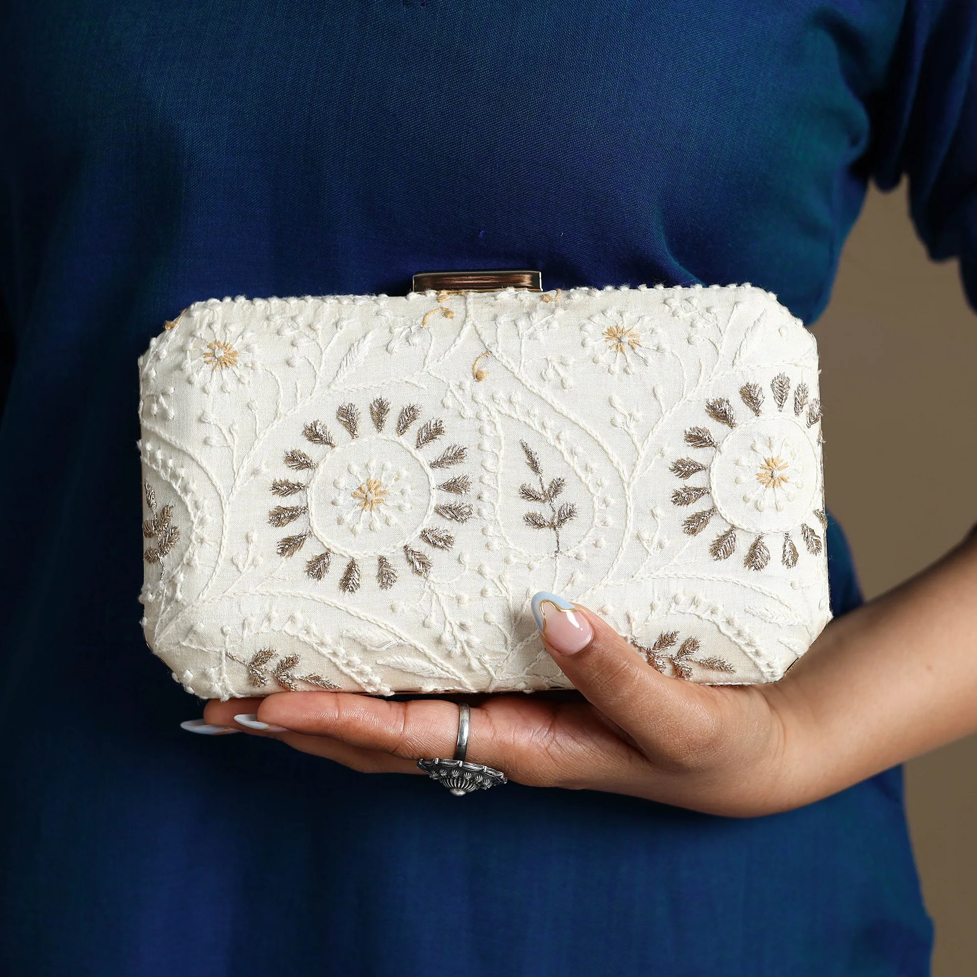 White - Chikankari Hand Embroidery Tussar Silk Clutch / Sling Bag 04