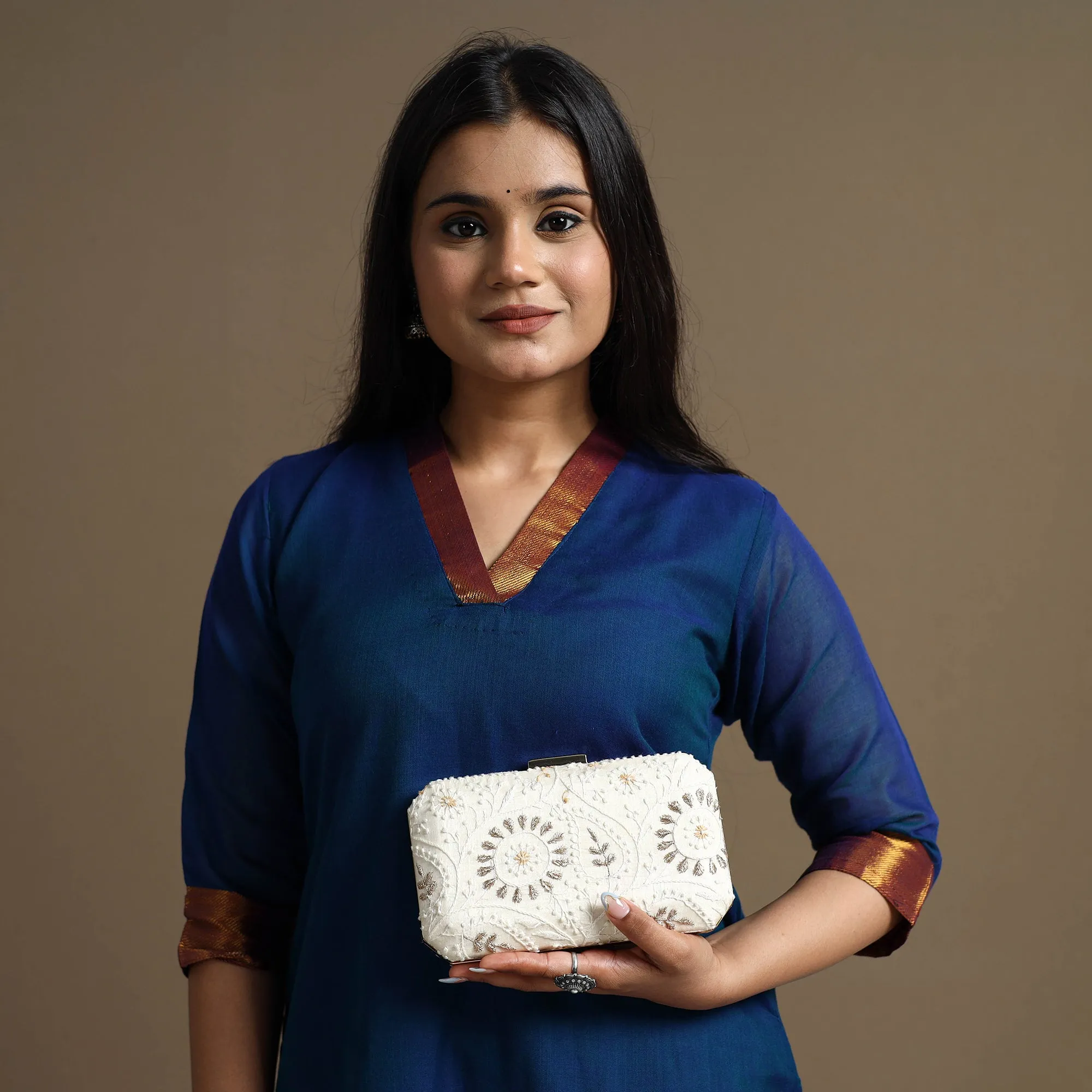 White - Chikankari Hand Embroidery Tussar Silk Clutch / Sling Bag 04