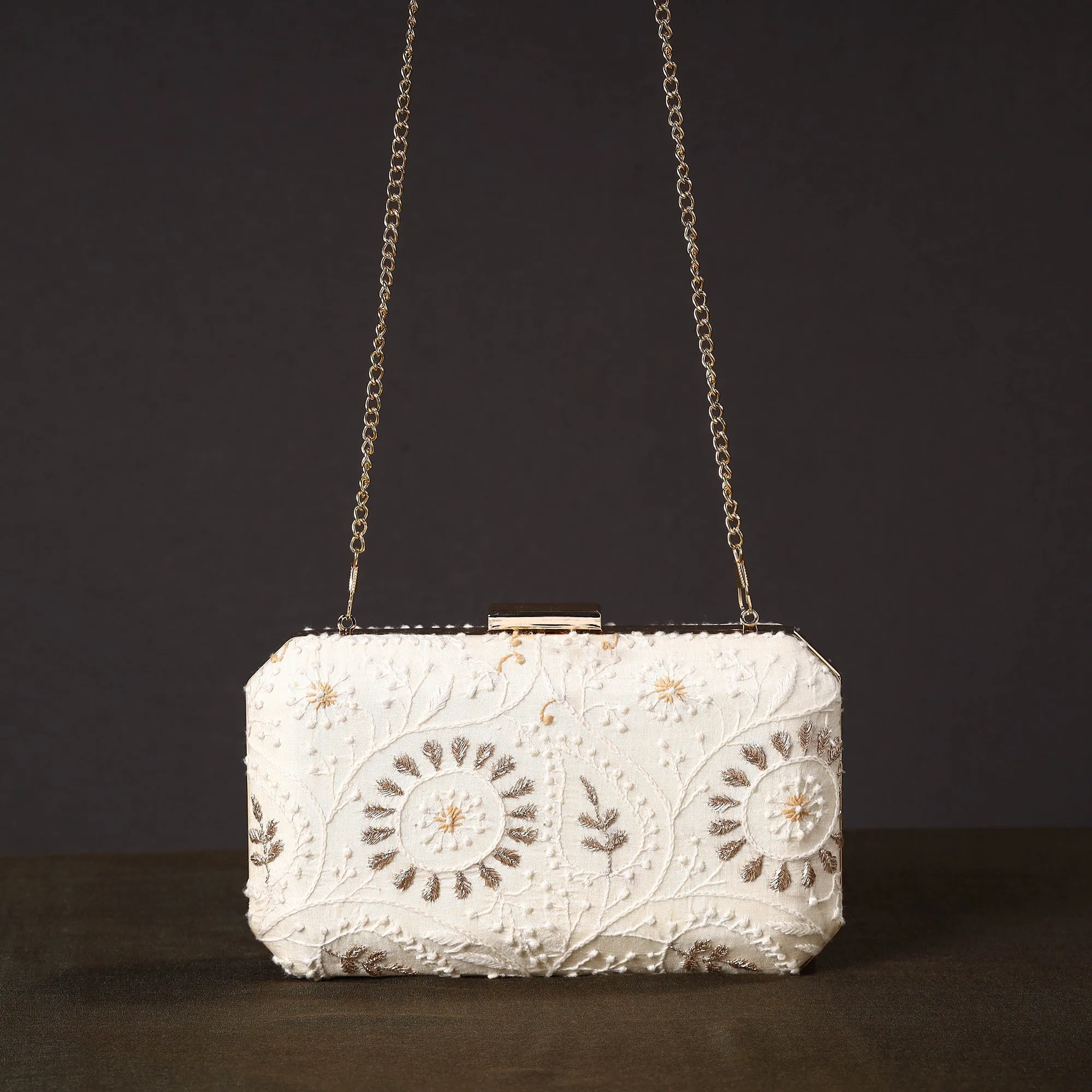 White - Chikankari Hand Embroidery Tussar Silk Clutch / Sling Bag 04