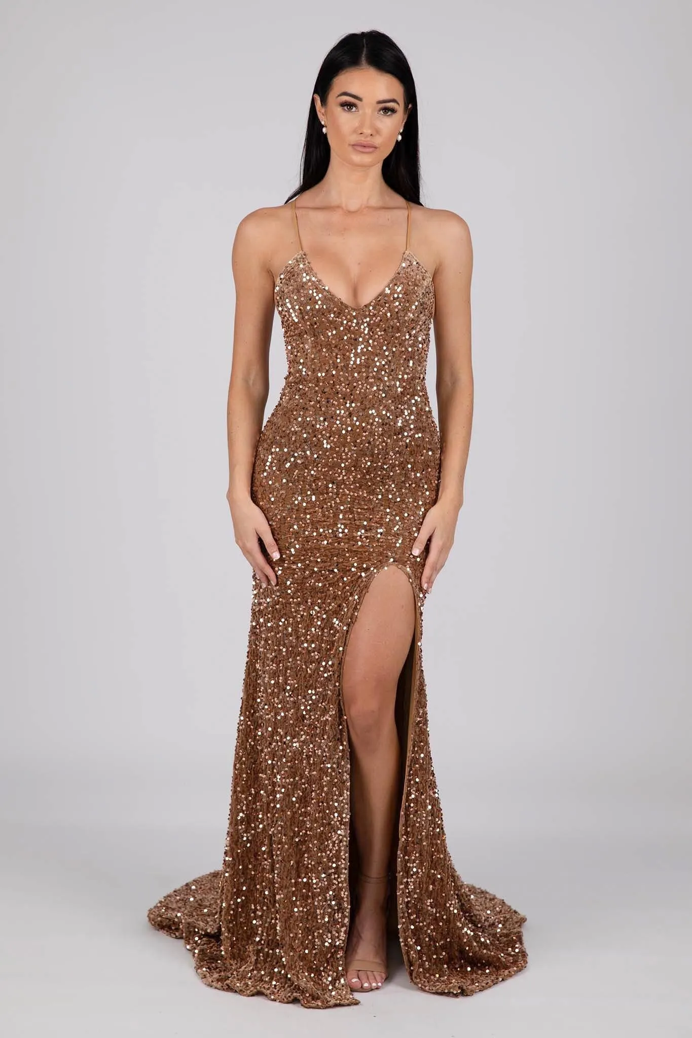 Zelda Side Slit Velvet Sequin Gown - Bronze Gold