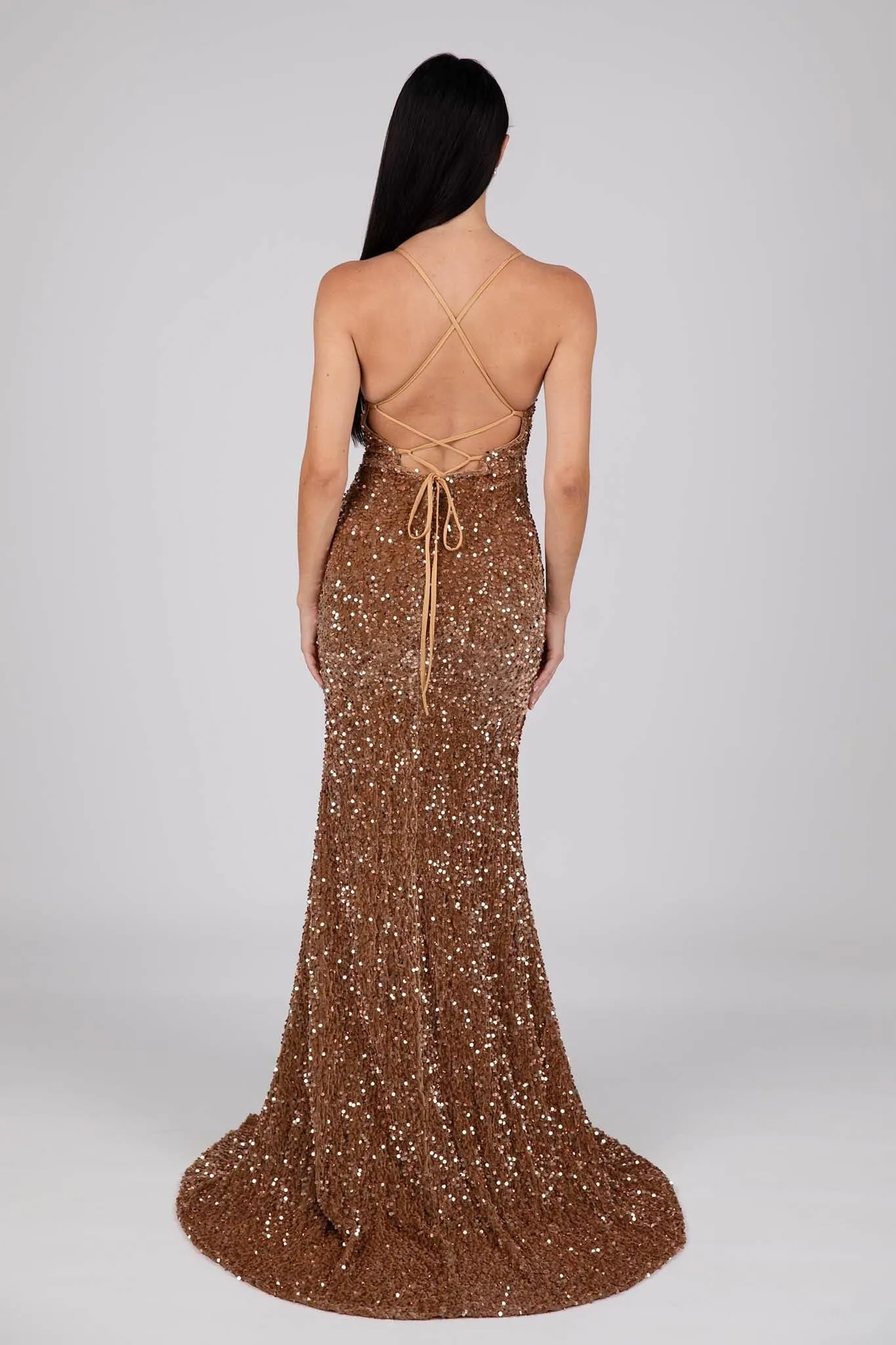 Zelda Side Slit Velvet Sequin Gown - Bronze Gold