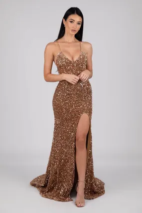 Zelda Side Slit Velvet Sequin Gown - Bronze Gold